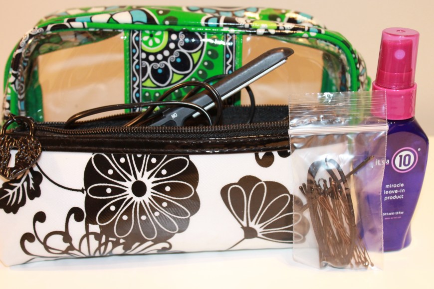 Vera Bradley Cosmetic bag, Conair mini flat iron, It's A 10 Leave-in treatment, bobby pins and elastics