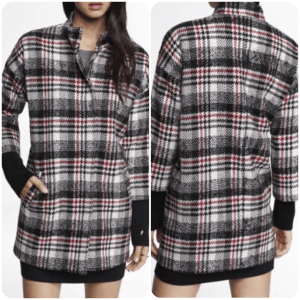 Plaid Ribbed Knit Sleeve Cocoon Coat Photo via Express